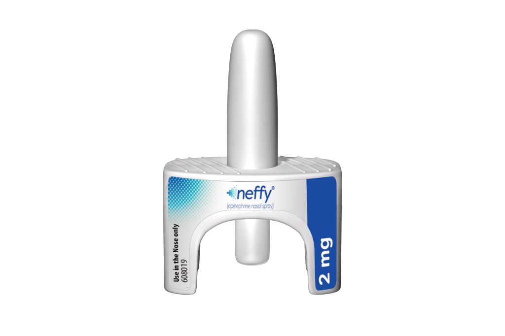 This image provided by ARS Pharmaceuticals on Friday, Aug. 9, 2024, shows the company's Neffy nasal spray to treat severe allergic reactions